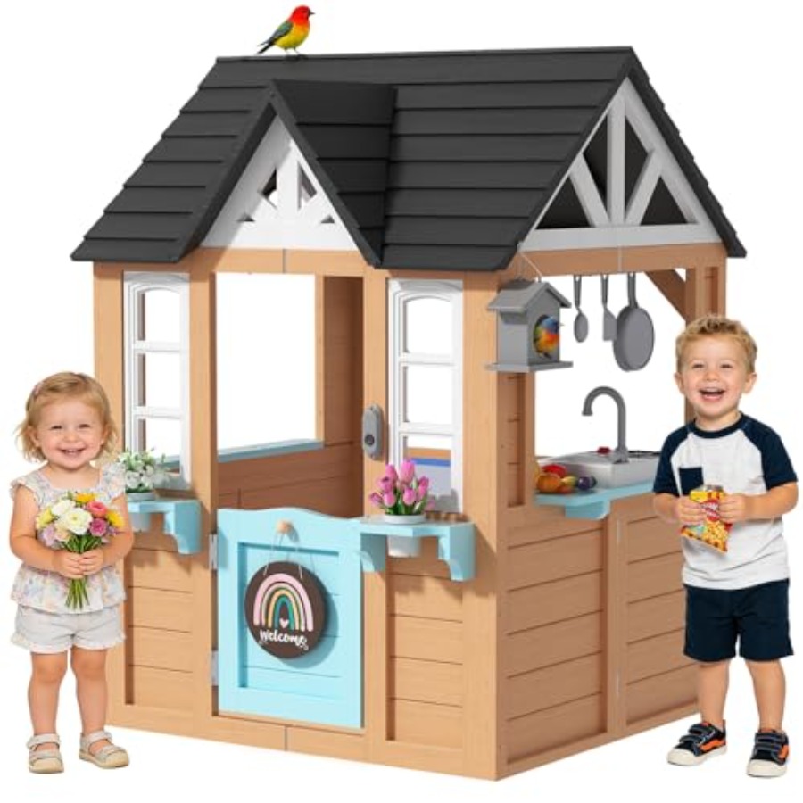 Kids Outdoor House With Kitchen - Outdoor Playhouse for Wooden Kid Play