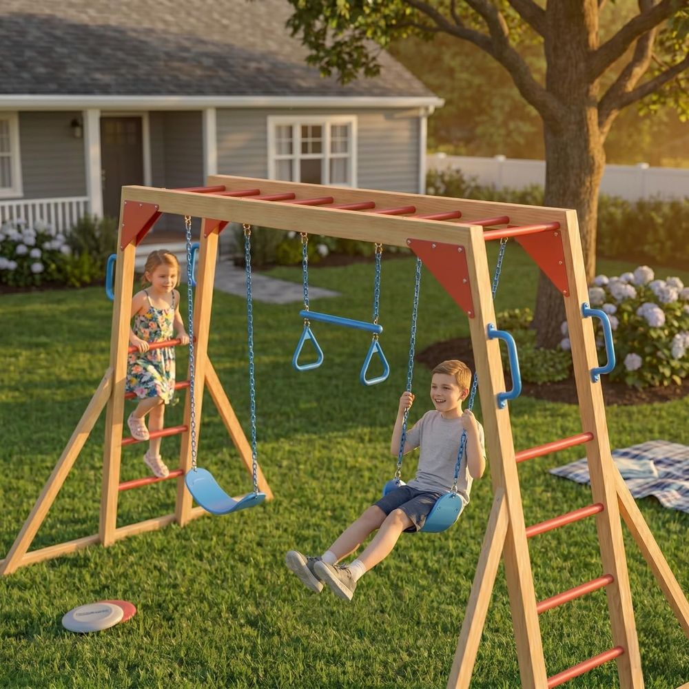 Kids Outdoor Wooden Playset - Wooden Swing Sets for Backyard with