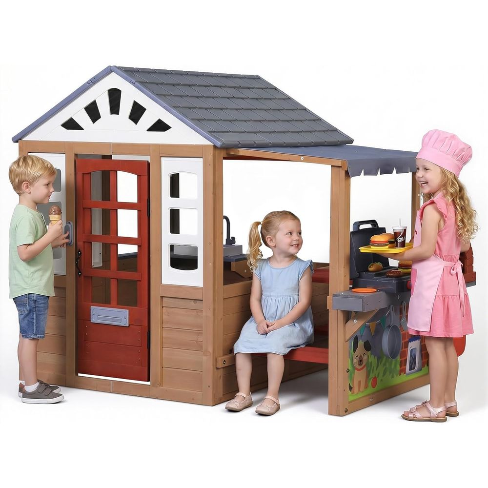Kids Outdoor Wooden Playhouse, – Kids Outdoor House With Kitchen Bewertung und Preis